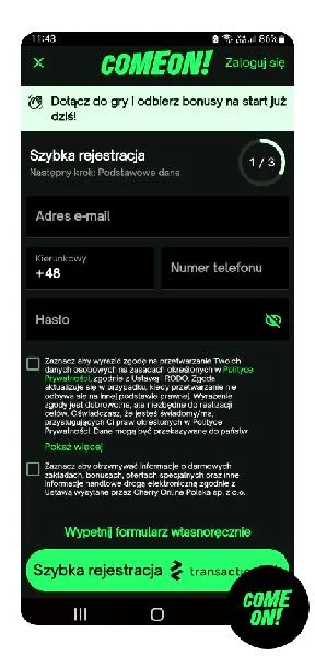 Regulamin ComeOn 450 PLN